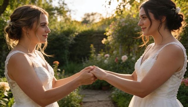 Two brides holding hands on sunlit garden path wearing lace gowns at golden hour romantic