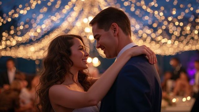 Couple Dancing Under Sparkling Lights at Elegant Wedding Reception