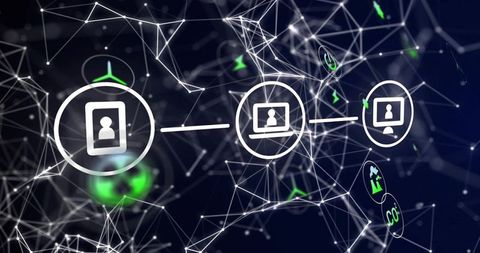 Digital network connecting tablet, laptop, desktop user icons with CO2 green tech symbols