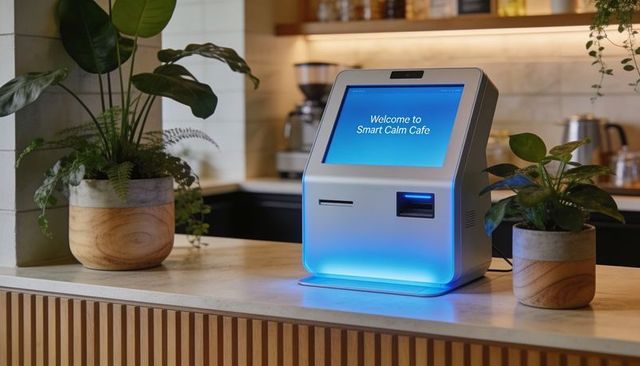 Smart calm cafe kiosk welcoming customers with blue led touchscreen on modern counter