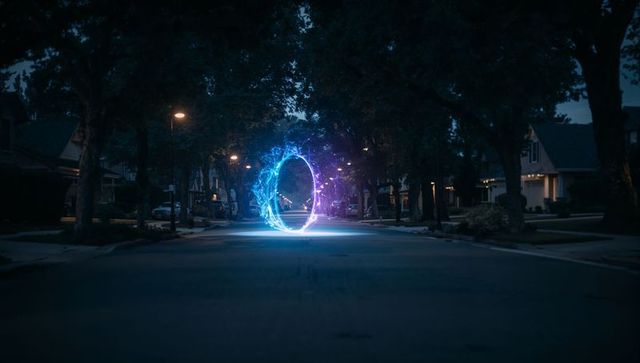 Futuristic energy portal brightens suburban night street