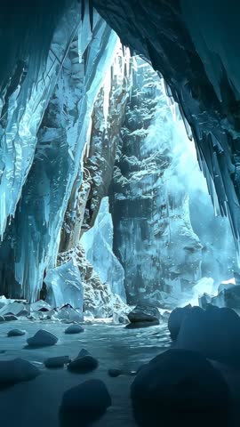 Drifting mist guiding camera into crystalline ice cavern revealing falling ice crystals