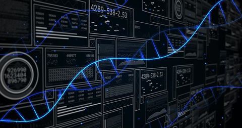 Neon Blue DNA Helix Cutting Through Futuristic Digital Interface