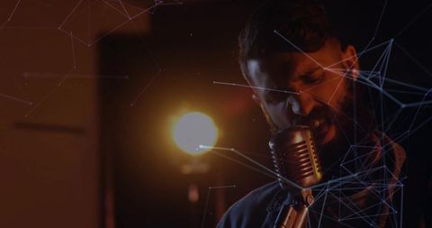 Vocalist in Denim Singing into Vintage Microphone with Digital Overlay