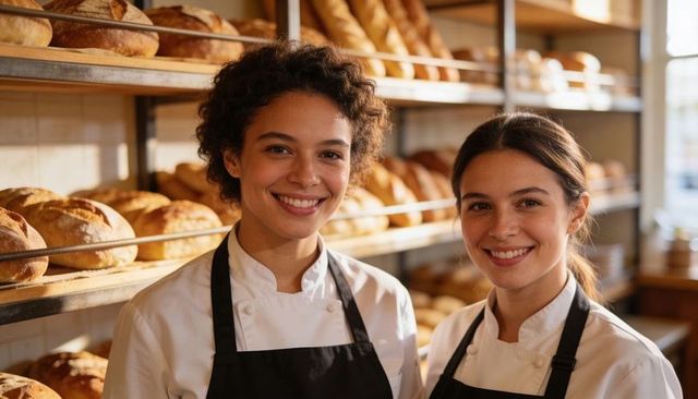 Smiling women bakers presenting fresh artisan bread on shelves in sunlit boutique bakery shop