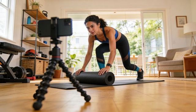 Woman Rolling Yoga Mat for Home Workout Recording with Smartphone Tripod and Dumbbells