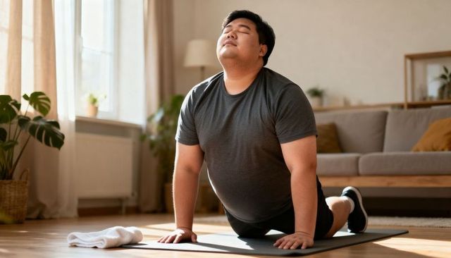 Adult asian man practicing yoga backbend on mat at home stretching for mind body