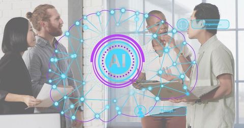 Team collaborating with ai network overlay during creative office brainstorming session