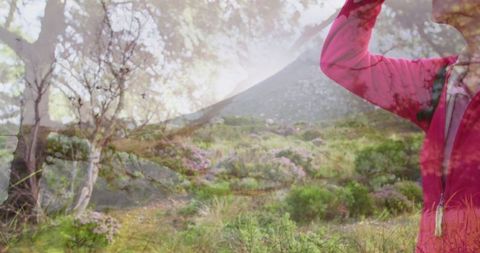Senior Woman Hiking in Lush Countryside Double Exposure
