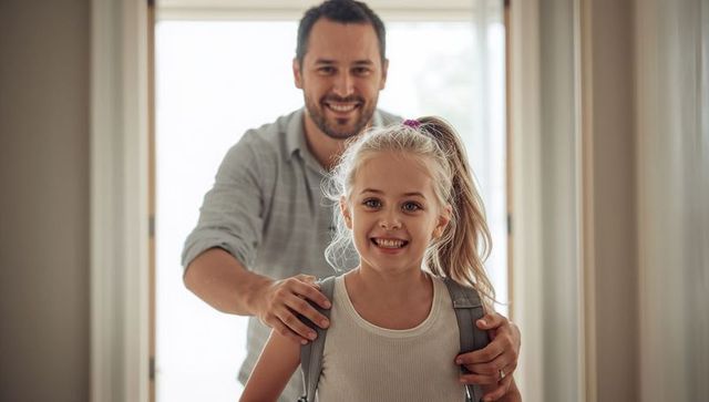 Father adjusting daughter backpack in bright hallway smiling morning routine