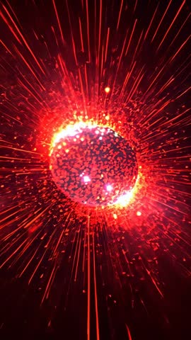 Erupting Red Orb Emitting Radial Sparks and Light Beams in Dark Void Vertical Video