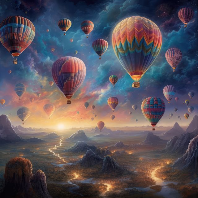 Mountain landscape and sun over floating colourful balloons, created using generative ai technology. Imagination, abstract, digitally generated image.