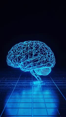 Rotating wireframe brain glowing on pedestal, pulsing timeline advancing, AI neural network