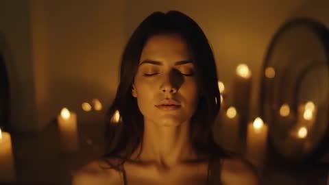 Woman Meditating Calmly in Candle-Lit Serenity