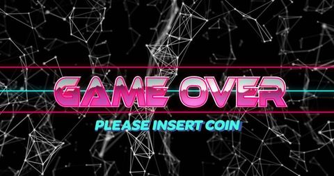 Retro neon game over screen featuring please insert coin and futuristic wireframe grid