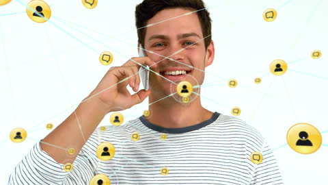Happy Man Talking on Smartphone with Digital Connections