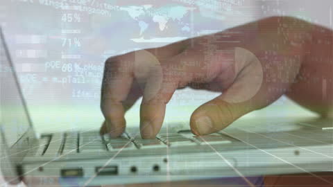 Hands Typing Overlaid with Digital Financial Data Animations