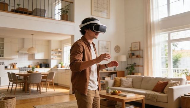 Man exploring virtual reality in modern open-plan living room with vr headset