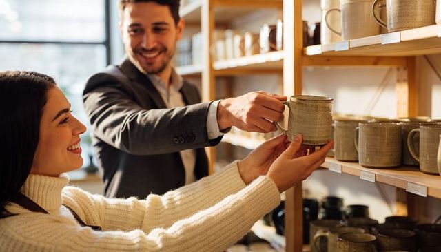 Smiling clerk handing handcrafted stoneware mug to customer in cozy ceramics shop