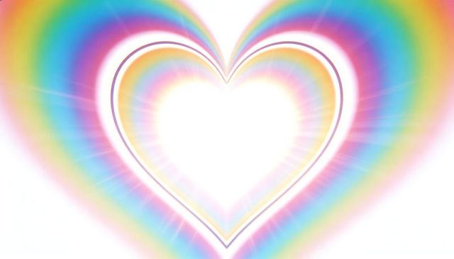Radiating rainbow heart halo glowing concentric rings pastel luminous radial rays