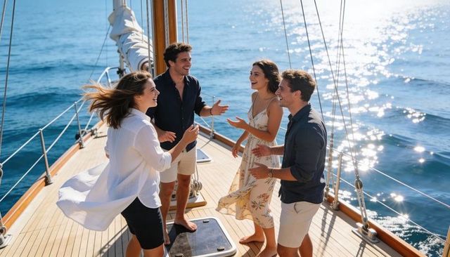 Friends laughing and socializing on sailboat deck during sunny ocean day cruise