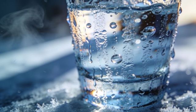 Glinting glass tumbler with condensation, bubbles and frost on snowy table, sunlit macro