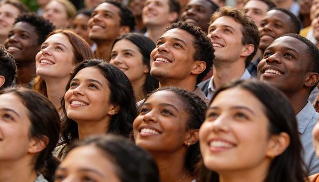 Diverse crowd smiling, looking up at sunlit outdoor event in urban plaza