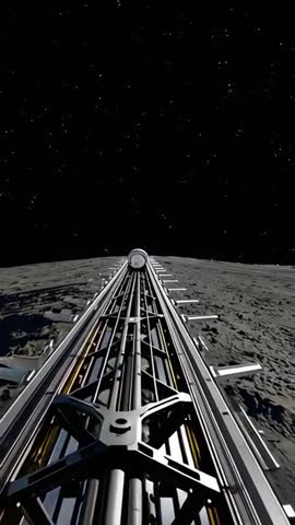 Gliding Along Lunar Truss Rail Surveying Pipes and Cables Over Cratered Moon Horizon