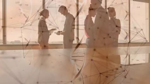 Business Team Collaborating with DNA Data Visualization Overlay