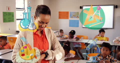 Teacher with Animated Educational Icons in Classroom Setting