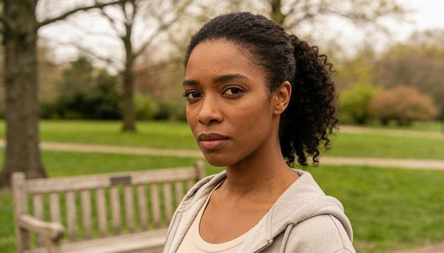 Woman standing in city park wearing light grey hoodie looking at camera