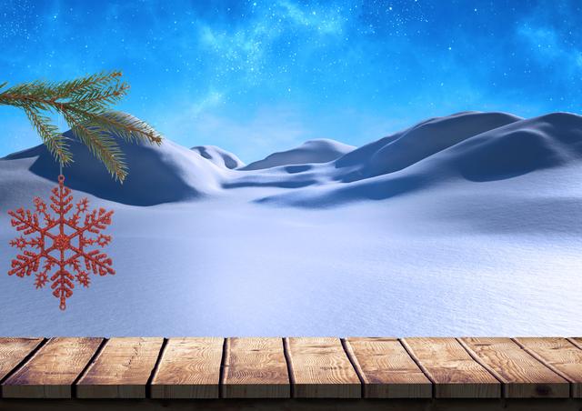 Snow flake hanging over fir tree against snow background - Download Free Stock Photos Pikwizard.com