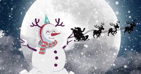 Festive Snowman with Santa Silhouette Against Moon