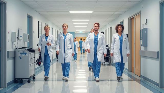 Doctors and clinical team walking hospital corridor wearing white coats and blue scrubs