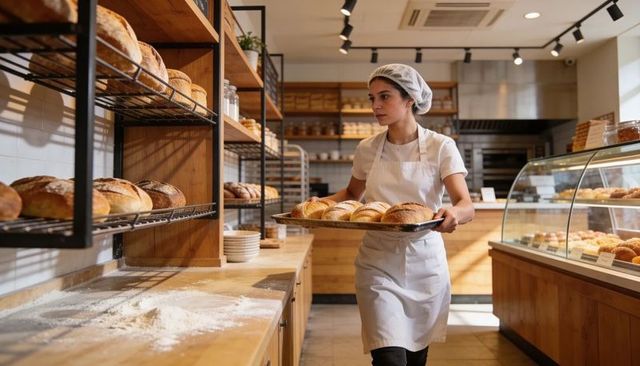 Baker carrying tray of fresh artisan loaves in rustic bakery interior