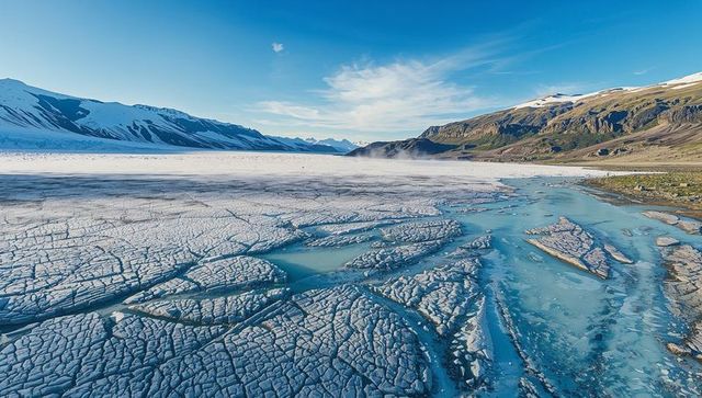 Expansive glacial landscape with melting ice and mountains