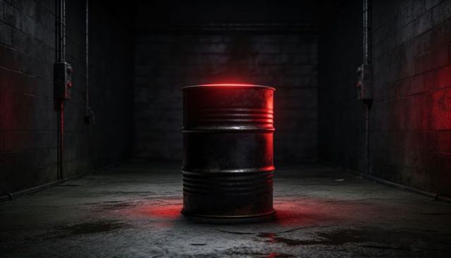 Gritty rusted oil barrel glowing red in dim basement corridor with wet concrete reflection