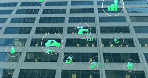 Digital Icons Overlaying Modern Office Building - Download Free Stock Images Pikwizard.com