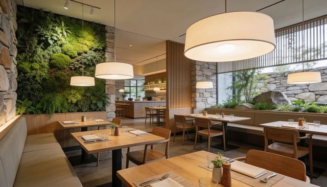 Biophilic dining in restaurant with moss wall, wooden tables and warm pendant lighting