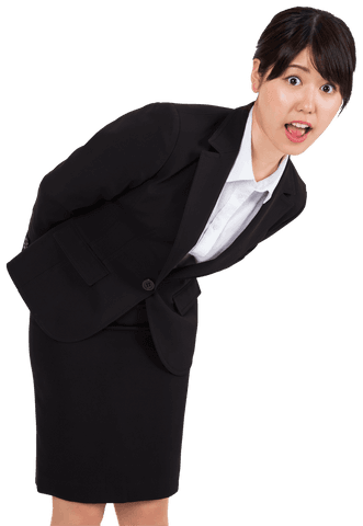 Surprised asian businesswoman bending over on transparent background