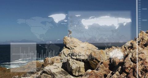 Hiker Navigates Rocky Cliffside Route with Digital World Map Overlay
