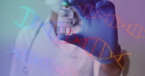 Holding covid-19 vaccine vial showing gloved hand and dna helix for clinical research