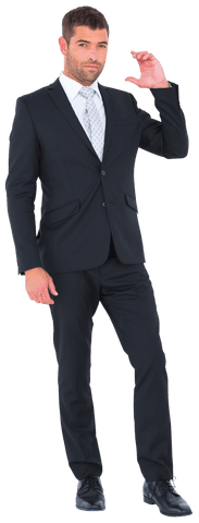 Confident businessman in trim suit with hand gesture transparent