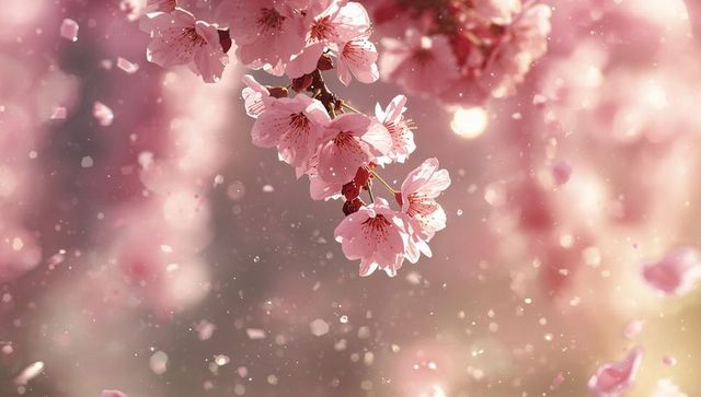 Spring cherry blossoms swaying with falling petals and pastel bokeh sunlight backdrop