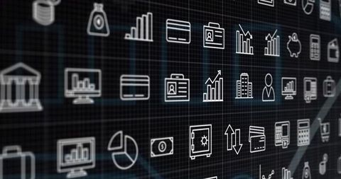 Financial technology icons grid on digital board
