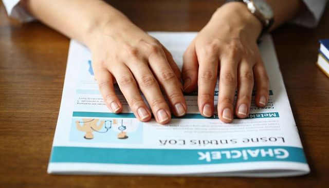 Resting hands lying flat on healthcare brochure on wood table with wristwatch