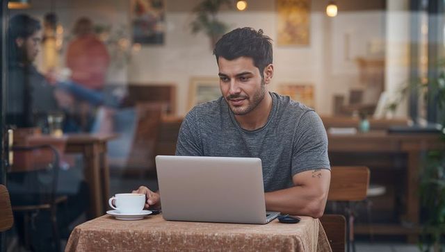 Freelance professional working on laptop in coffeehouse with coffee cup, remote productivity