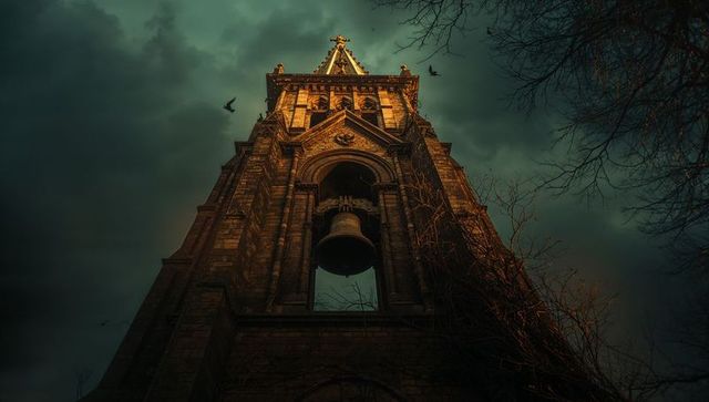 Gothic bell tower against dramatic stormy sky
