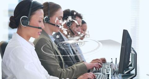 Busy customer service team with global communication interface
