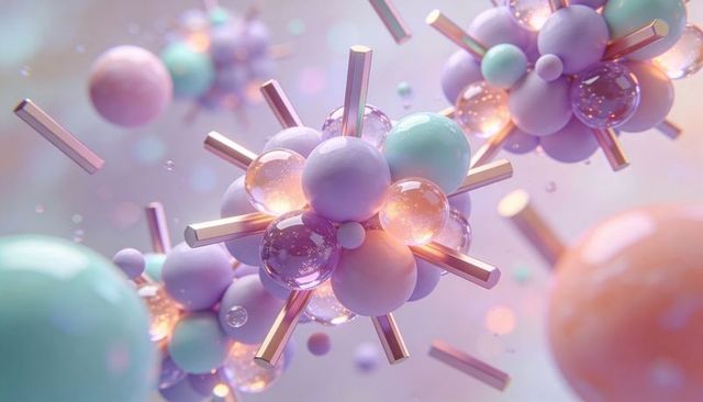 Floating pastel molecular cluster with glass bubbles, metallic rods, soft lavender glow